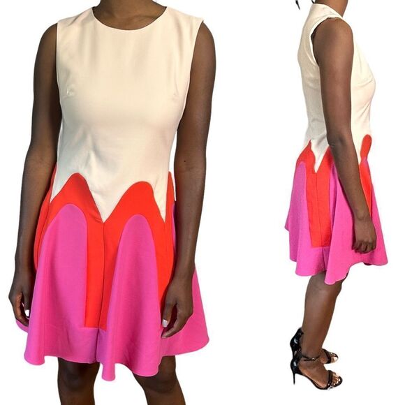 ASOS Trendyol Pink Red Colorblock Sleeveless Fluted Dress - Picture 1 of 13